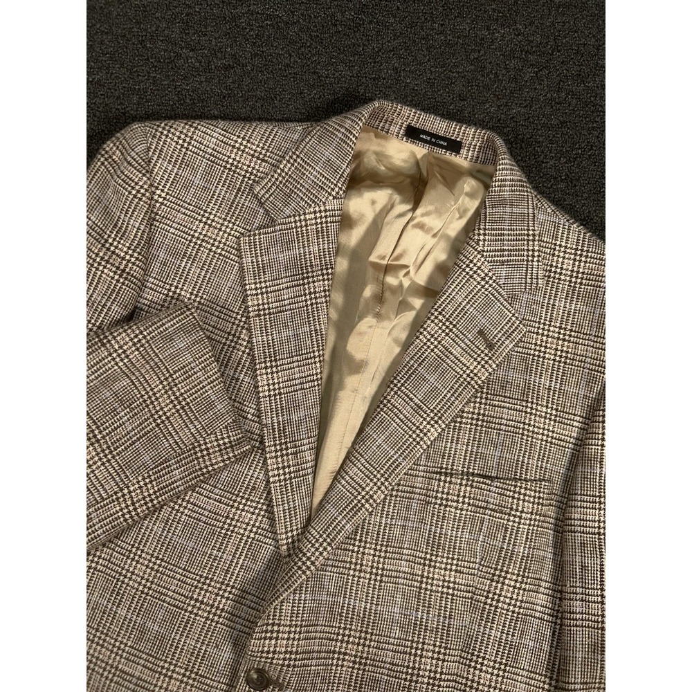Lands End Blazer Jacket Men's 44L Beige Glen Paid Tweed Silk Linen Old Money